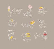 Set of renaissance hands holding donut, hot dog, pizza, sushi, pie, glass of wine, croissant, ice cream, cupcake, burger, coffee, taco with lettering drawing with color on coffee color background vector