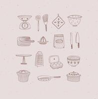 Set of kitchen tools and cooking icons drawing in handmade graphic primitive casual style on peach background. vector