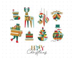 Set of Christmas symbols in cubism style sock, tree, cone, tree, decorations, snowman, candle drawing on light background vector