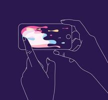 Phone in hands surfing internet drawing with thin lines on blue background vector
