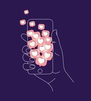 Phone in hand with many like symbols drawing thin lines on blue background vector