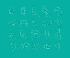Set of hand phone in different positions and navigation drawing with thin lines on blue background. vector
