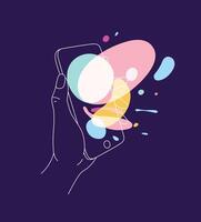 Phone in hand with multimedia symbols drawing thin lines on blue background vector