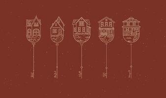 Set of house key collection in modern line style drawing on terracotta background. vector