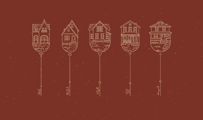 Set of house key collection in modern line style drawing on terracotta background.
