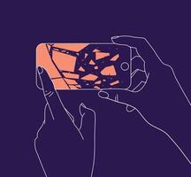 Phone in two hands with broken scattering glass drawing thin lines on blue background vector