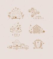 Honey collection of labels, beehive, honeycomb, spoon with flower and branches drawing in graphic style vector