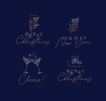 Set of Christmas and Happy New Year art deco labels with lettering drawing in vintage line style on blue background vector