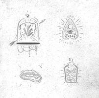 Magic and mystic signs and symbols head, tablet pointer, lips, bottle drawing on dirty paper background vector