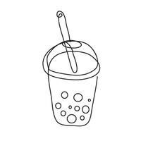 Sweet fresh drink in plastic cup in One continuous line drawing. Vegan smoothie in transparent mug in lineart style. Editable stroke. Modern illustration vector