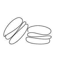 Continuous one line drawing of colorful French macaroons isolated on white background. Hand drawn macarons minimal design art, confectionery concept. illustration for restaurant menu vector