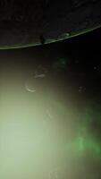 a large cluster of asteroids near an unknown planet, vertical video