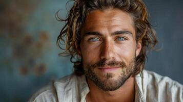 Portrait of a young man with long hair and beard looking confident and relaxed photo