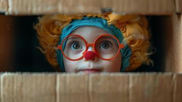 Adorable Child Dressed as Clown Peeks Through Cardboard Box, Embodying Playfulness photo