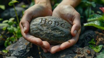 Hands Holding Stone Inscribed With 'Hope' Amidst Lush Greenery photo