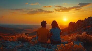 Romantic couple sitting on a hilltop watching a beautiful sunset photo