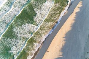 aerial drone photography of a empty beach shore at sunset, overhead view photo