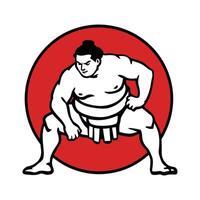 Sumo Wrestler in Traditional Stance with Red Circle Background vector