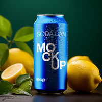soda can mockup with drops of condensation with lemon and leaves background psd