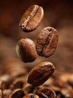 Four coffee beans captured in mid-air, highlighted against a dark background, creating a striking visual with a sense of dynamic movement and rich texture. photo