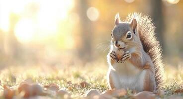 Squirrel eating nuts amidst autumn leaves in a serene park photo