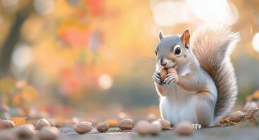 Squirrel eating nuts amidst autumn leaves in a serene park photo