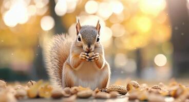 Squirrel eating nuts amidst autumn leaves in a serene park photo