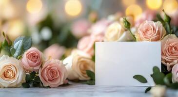Beautiful roses with a blank note in a soft-focus background during daylight photo