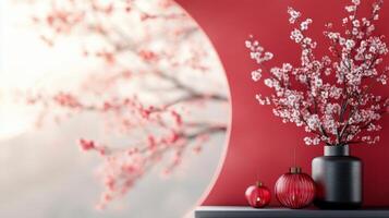 Cherry blossom branches with decorative vases in a modern red-themed interior photo