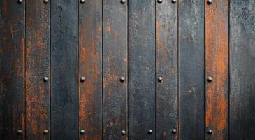 Aged metal door with rivets and rust at an old building in the afternoon photo