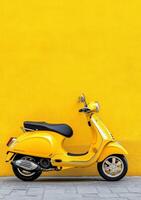 Bright yellow scooter parked against a vibrant yellow wall in a serene urban setting photo