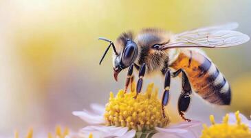 Honeybee collecting nectar from cherry blossoms in springtime sunlight photo