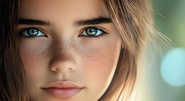 Young girl with striking green eyes and freckles enjoying natural light outdoors photo