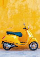 Bright yellow scooter parked against a vibrant yellow wall in a serene urban setting photo