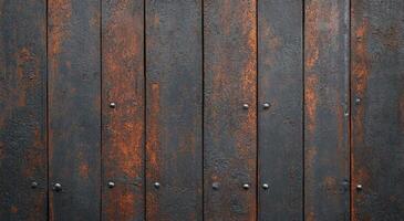 Aged metal door with rivets and rust at an old building in the afternoon photo