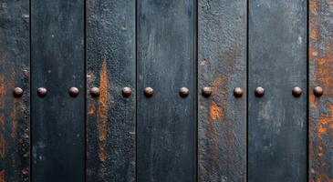 Aged metal door with rivets and rust at an old building in the afternoon photo