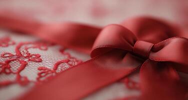 Elegant red satin and intricate lace fabric draped together on a dark background photo