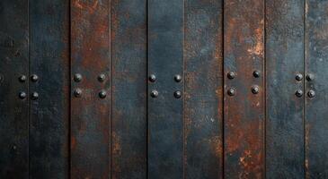 Aged metal door with rivets and rust at an old building in the afternoon photo