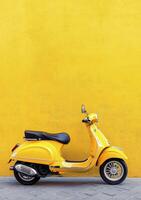 Bright yellow scooter parked against a vibrant yellow wall in a serene urban setting photo