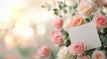 Beautiful roses with a blank note in a soft-focus background during daylight photo