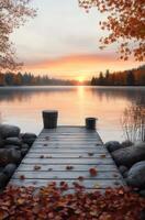 Serene sunset over the lake with autumn leaves on the wooden pier photo