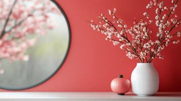Cherry blossom branches with decorative vases in a modern red-themed interior photo
