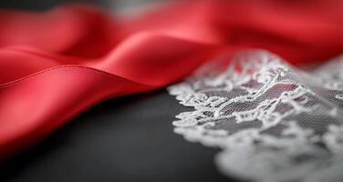 Elegant red satin and intricate lace fabric draped together on a dark background photo