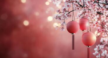 Red lanterns hanging among cherry blossoms in a serene spring setting photo