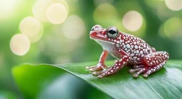 Colorful frog resting on a green leaf in a vibrant natural setting photo