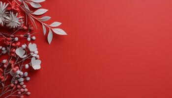 Floral arrangement with red and white flowers on a vibrant red background photo