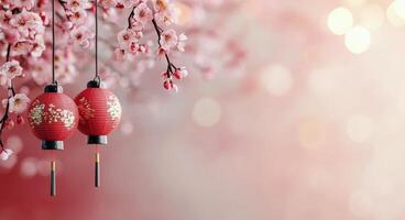 Red lanterns hanging among cherry blossoms in a serene spring setting photo