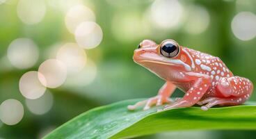 Colorful frog resting on a green leaf in a vibrant natural setting photo