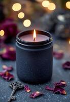 Candle in a black jar burns softly surrounded by dried rose petals and warm lighting photo