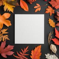 Autumn leaves arranged around a blank canvas on a dark background photo
